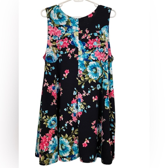 Floral A-Line Mini Dress - Black with Blue and Pink Accents - Picture 2 of 4